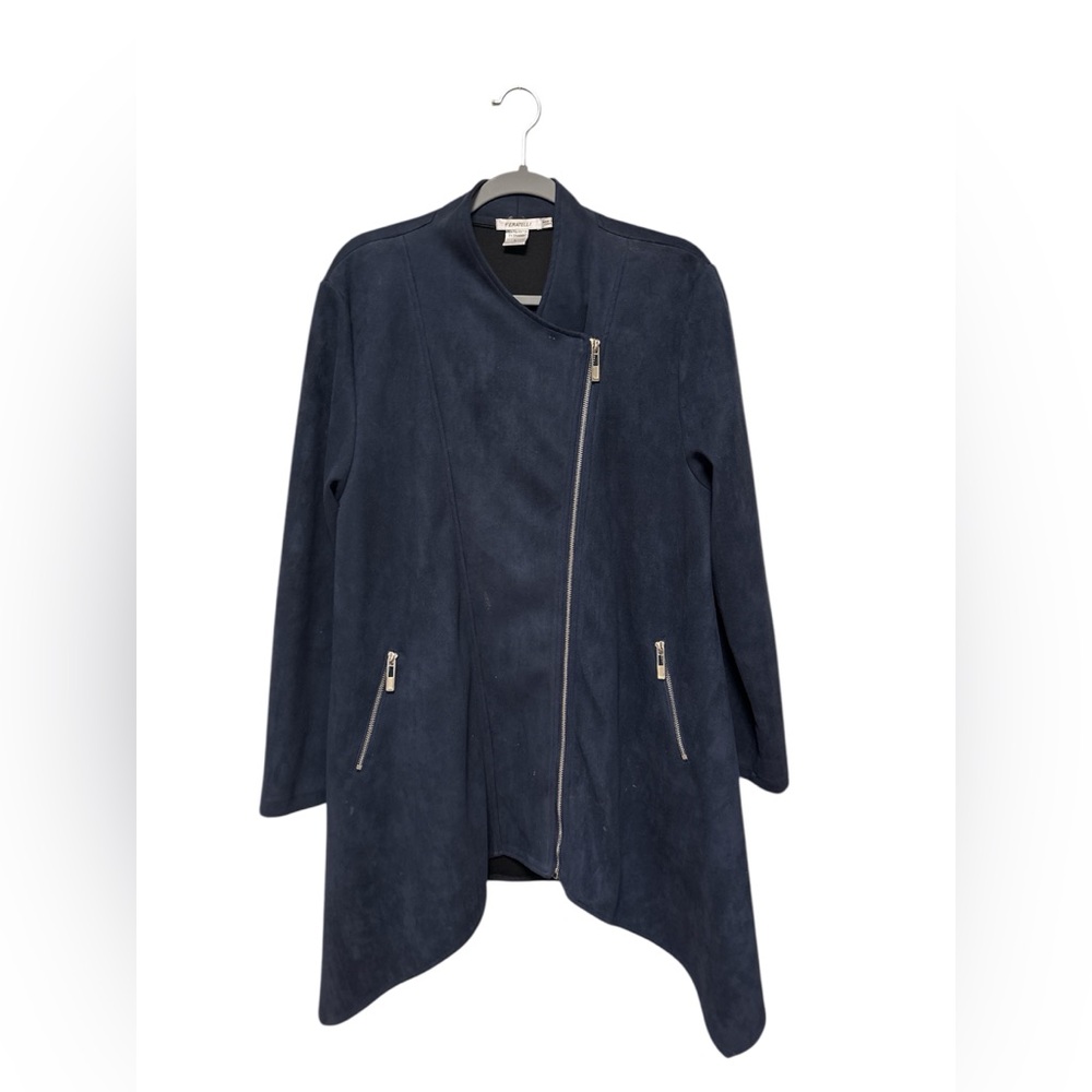 Feratelli Asymmetrical‎ Navy Blue Draped Faux Suede Women's Jacket Size: Large